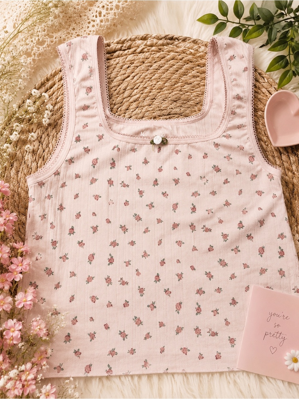 Hippie Rose Pale Pink Floral Square-Neck Tank